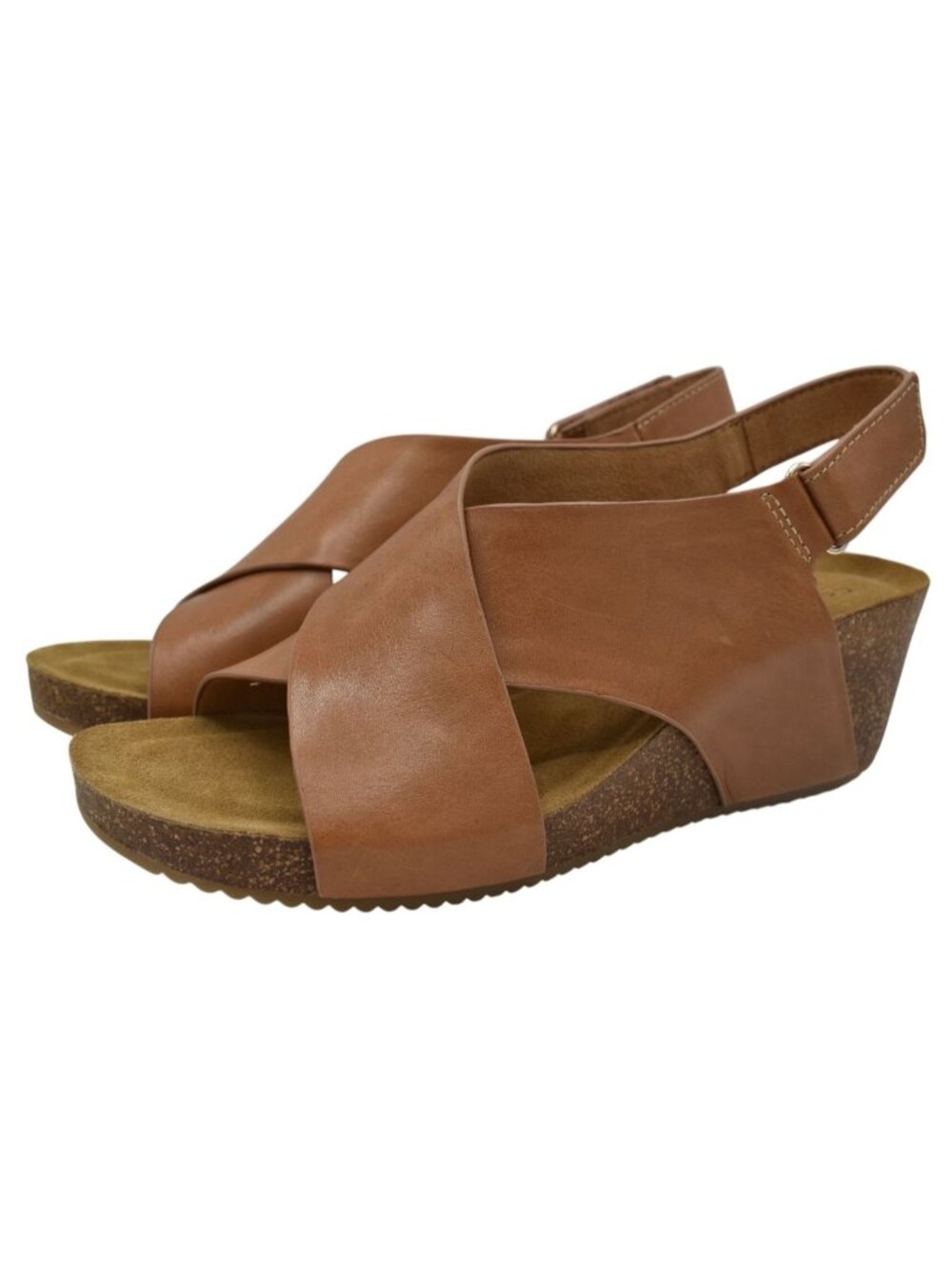 Comfortiva Womens 10 Eva Sand Brown Leather Wedge Strappy Open Toe Sandals Shoes